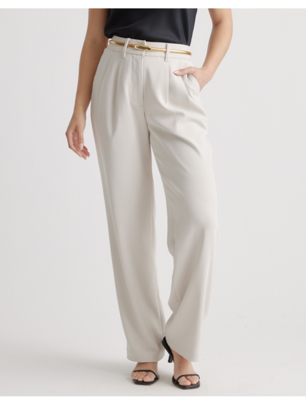 Stretch Crepe Pleated Wide Leg Pant in Sand